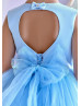 Beaded Blue Satin Tulle Heart Back Flower Girl Dress